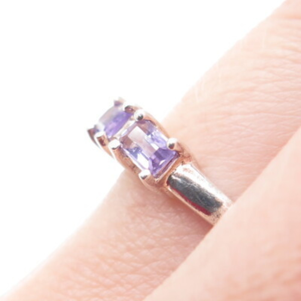 HAN 925 Sterling Silver Vintage Real Emerald-Cut Amethyst Ring Size 8 - Picture 2 of 9